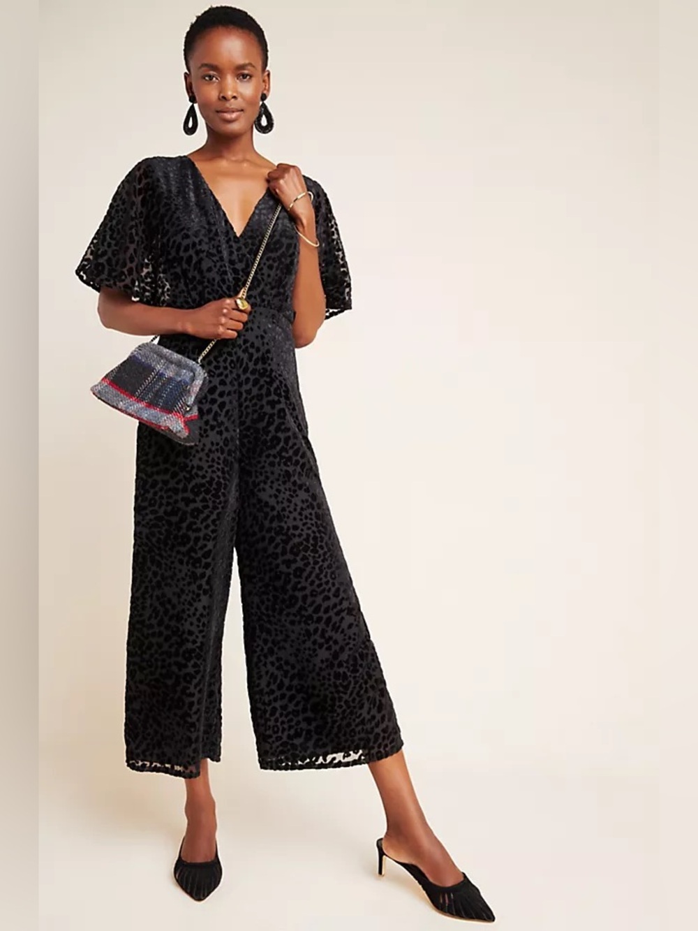 Anthropologie Greylin Black Velvet Burnout Leopard Jumpsuit (Size MP)